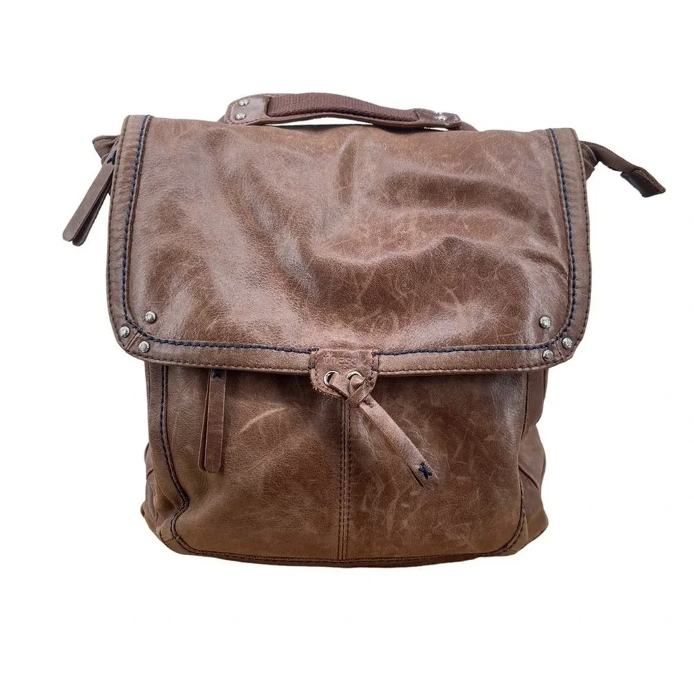 The Sak Brown Leather Convertible Backpack Crossbody‎ Bag Blue Stitching